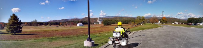 Panoramic shot of the Greenbank property with huge telescopes
